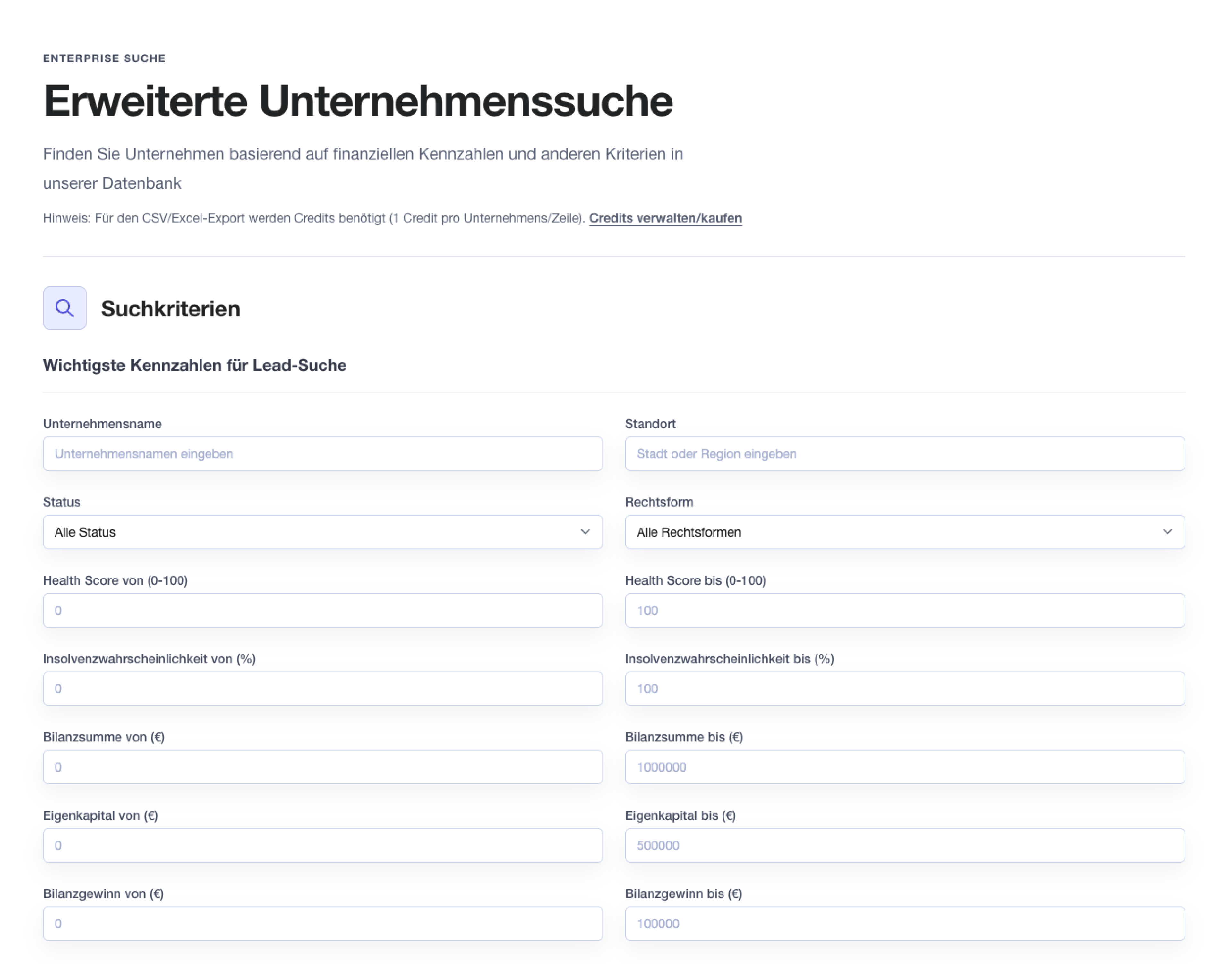 Screenshot der erweiterten Unternehmenssuche