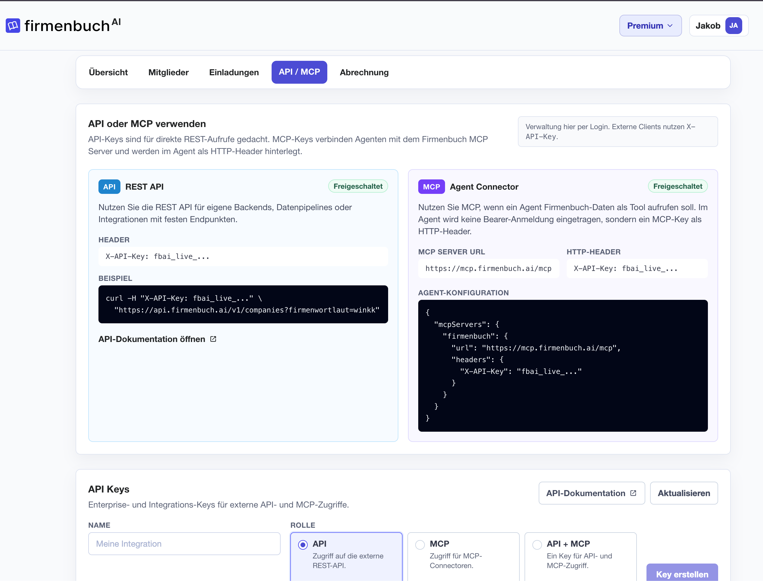 Screenshot: API- und MCP-Zugriff mit Key-Verwaltung